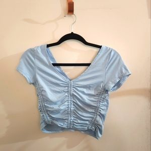 Urban Outfitters Shirt Womens Medium Blue Ruched Crop Cap Sleeve V Neck Stretch